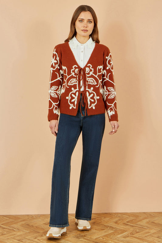 Yumi Brown Folk Embroidered Tie Front Cardigan
