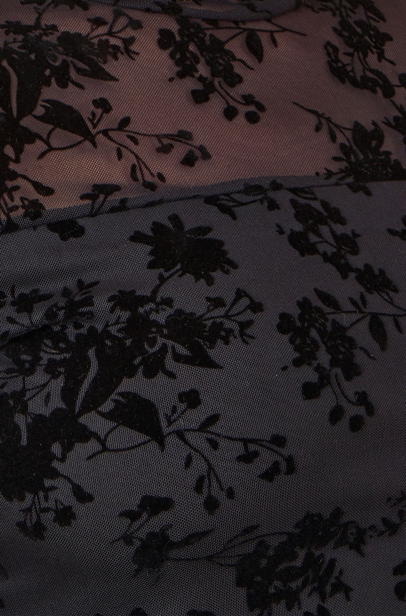 Yumi Black Flocked Floral Stretch Mesh Top With Long Sleeves