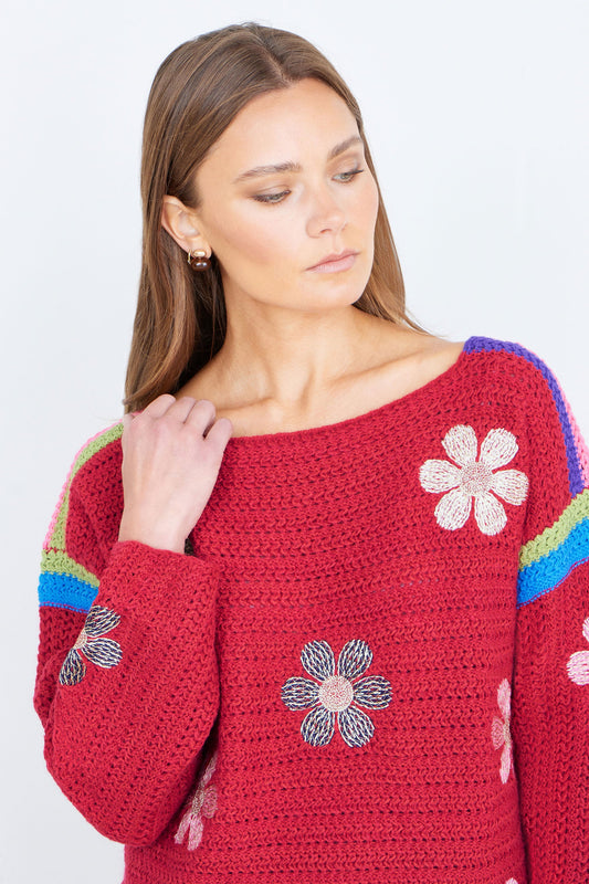 Yumi Red Crochet Flower Jumper