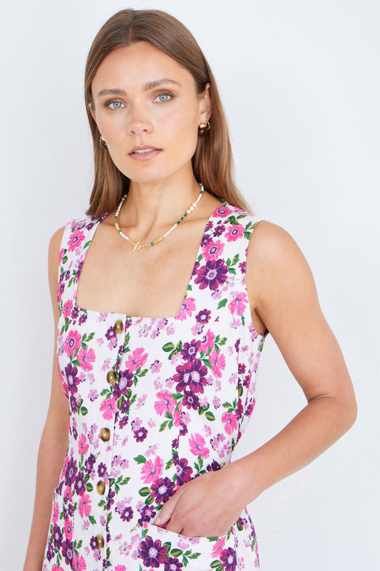 Yumi Pink Retro Floral Cotton Stretch Pinafore Dress