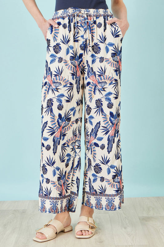 Yumi Blue Bird Print Viscose Wide Leg Trousers