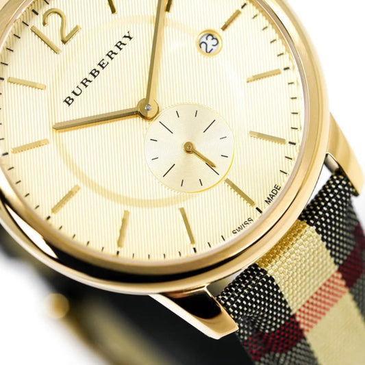 Burberry Men’s Watch Leather Multicolour Strap With Gold Dial And Gold Case BU10001 The City