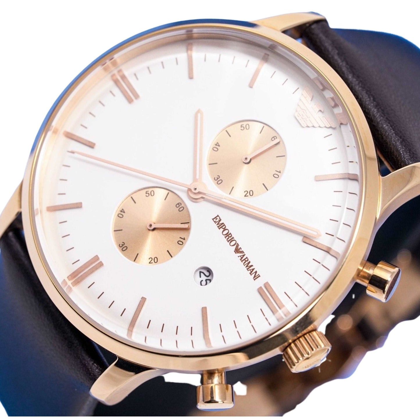 Emporio Armani AR0398 Men's Rose Gold Chronograph Watch with White Dial and Brown Leather Strap
