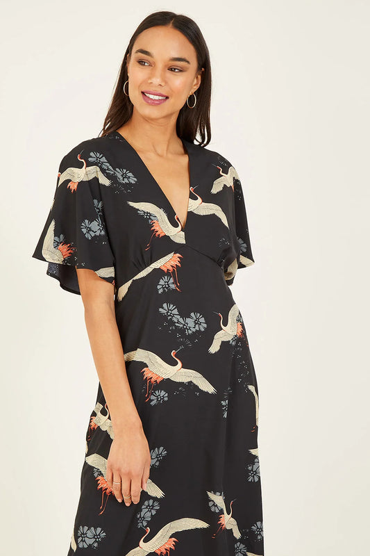 Black Crane Print Kimono Midi Dress