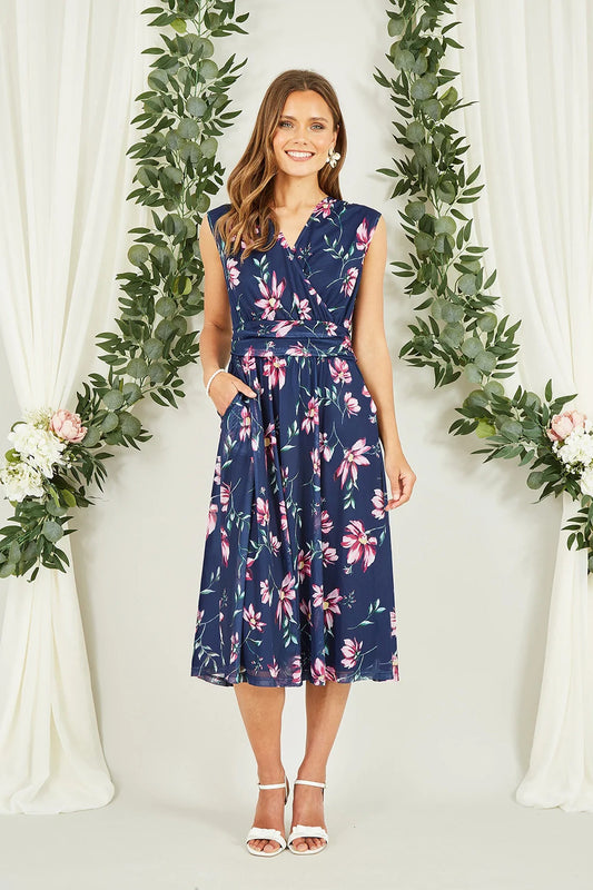 Yumi Navy Floral Print Mesh Stretch Midi Dress With Pockets