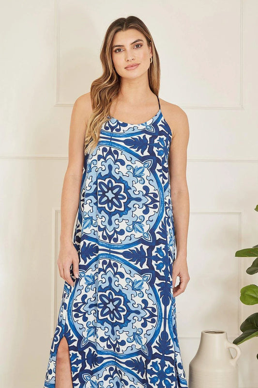 Mela Blue Tile Print Maxi Dress With Side Split Hem