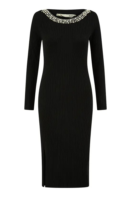 Yumi Black Pearl Neckline Fitted Midi Knitted Dress