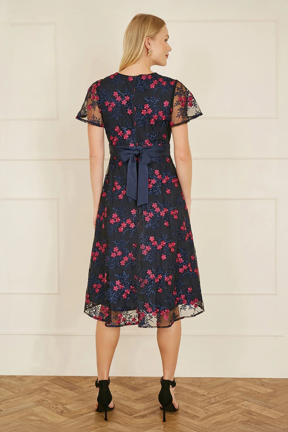 Yumi Navy Embroidered Floral Skater Dress