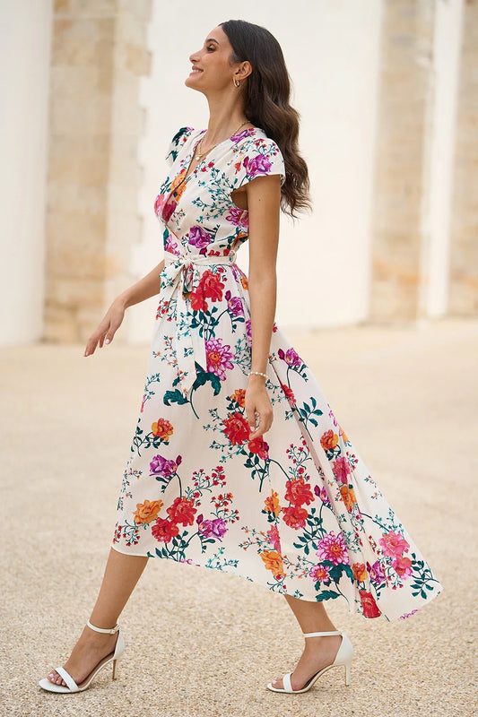 Yumi Ivory Flower Print Wrap Midi Dress