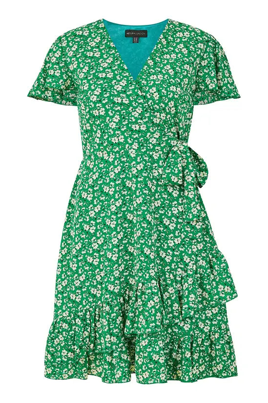 Yumi Green Ditsy Floral Wrap Frill Dress