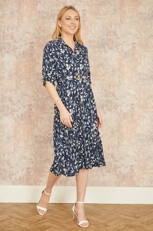 Yumi Navy Floral Print Pleated Skater Dress With Buckle