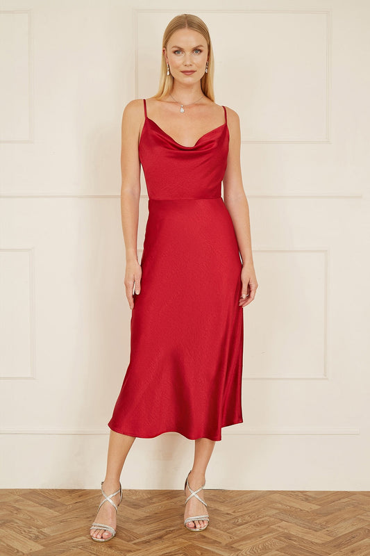 Yumi Red Satin Cowl Neck Midi Slip Dress