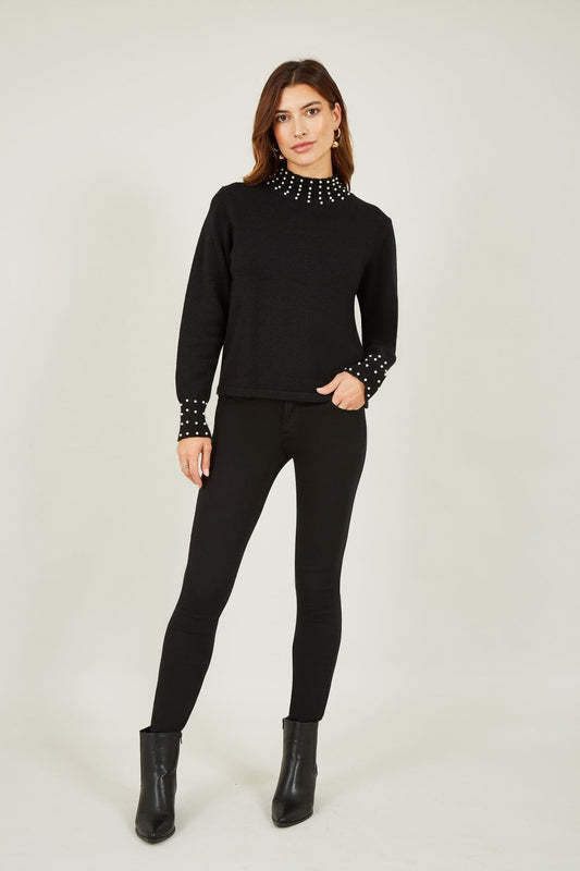 Mela Black Pearl Detail High Neck Jumper