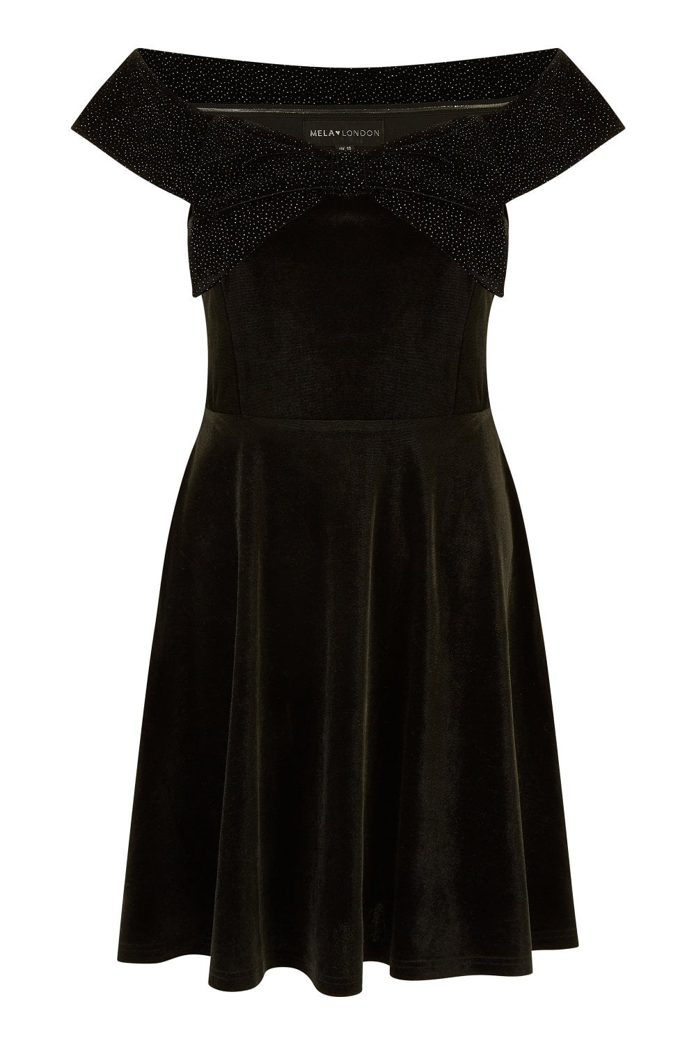 Mela Black Velvet Skater Dress With Sparkle Bow Neckline