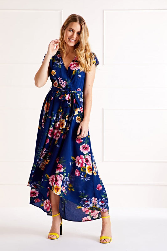 Mela Blue Floral Wrap Over Dipped Hem Midi Dress
