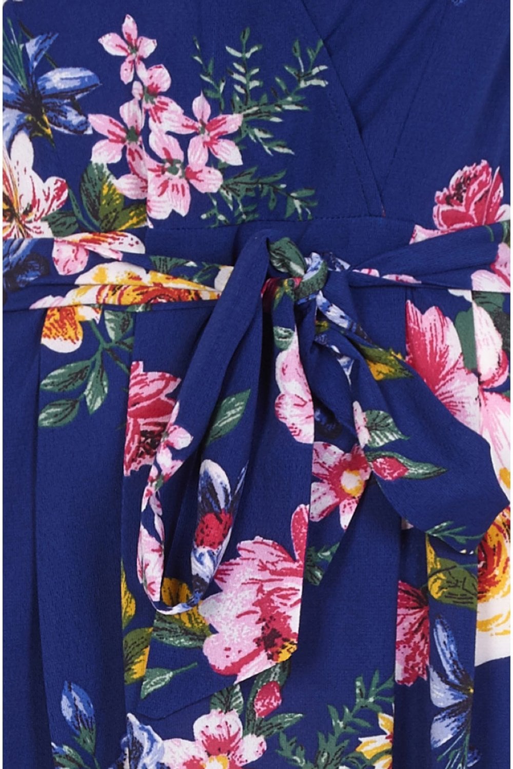 Mela Blue Floral Wrap Over Dipped Hem Midi Dress