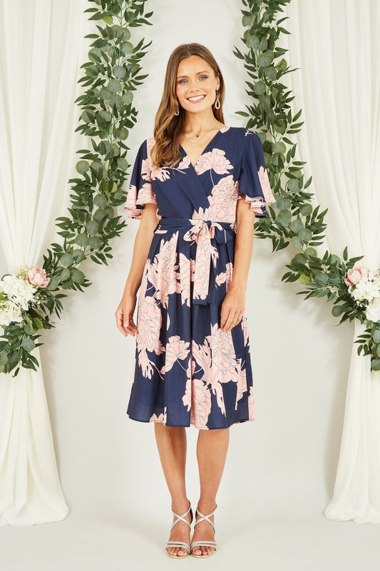Mela Navy Blossom Print Wrap Skater Dress