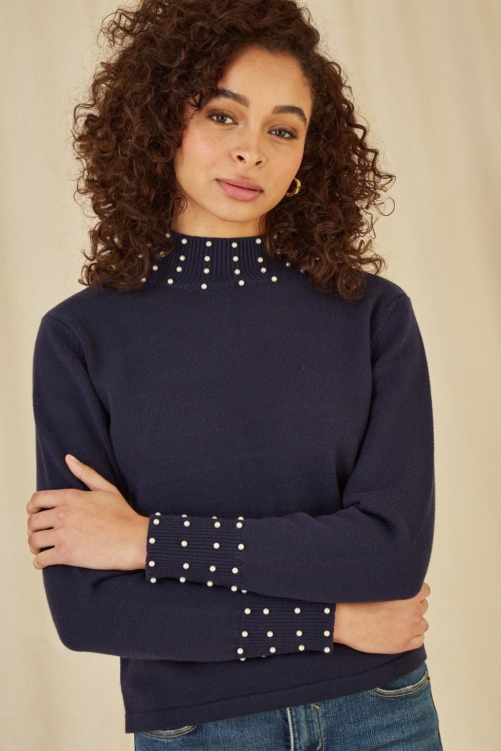 Mela Navy Pearl Detail High Neck Jumper