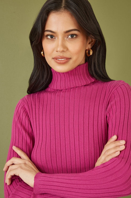 Mela Pink Ribbed Knit Roll Neck Jumper