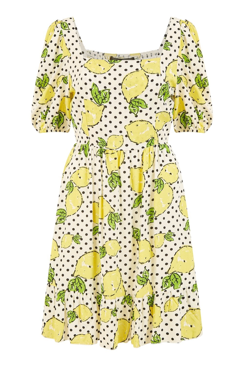 Mela White Viscose Lemon Print Skater Dress With Balloon Sleeves