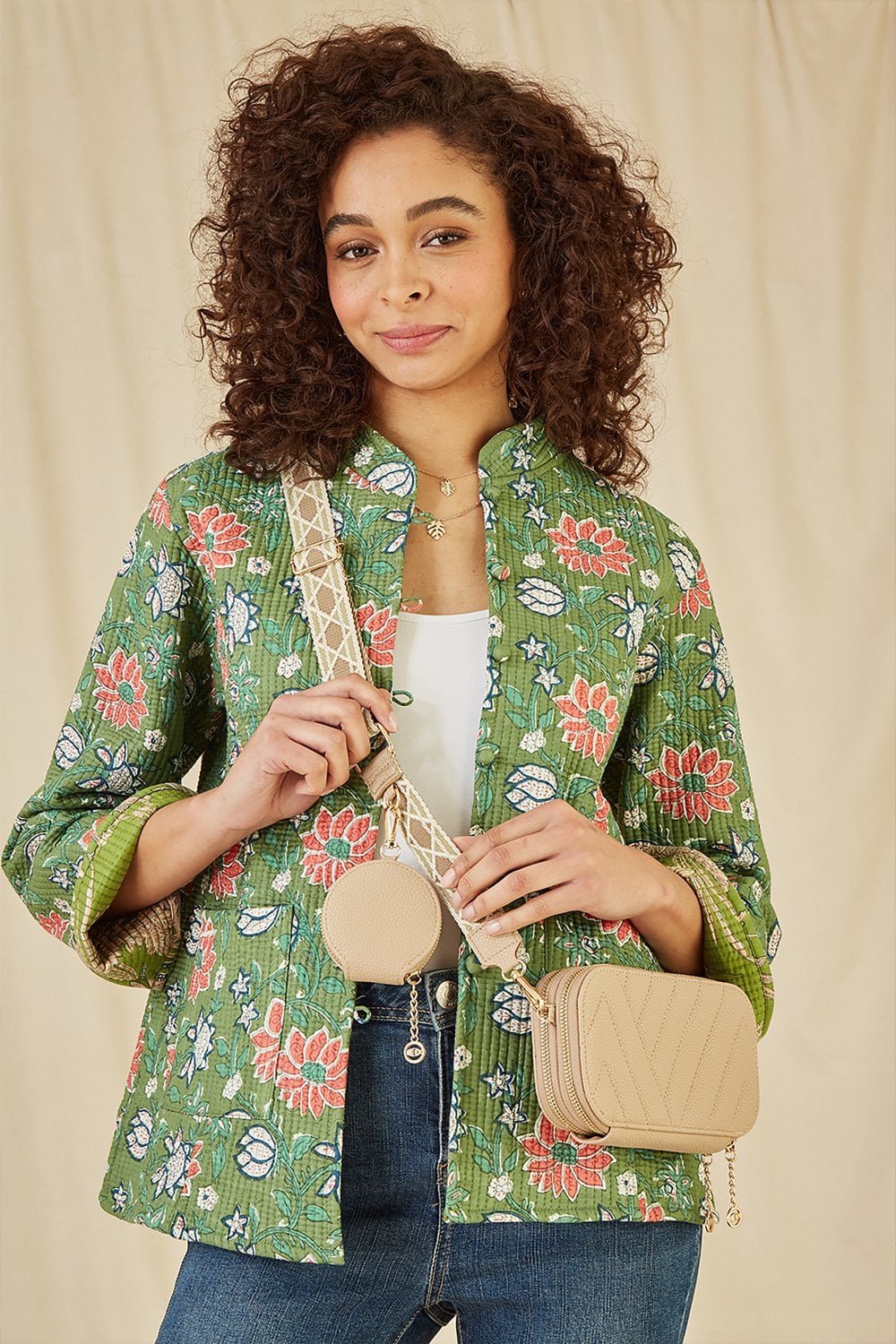 Yumi Beige Quilted Camera Bag With Cross Body Woven Strap