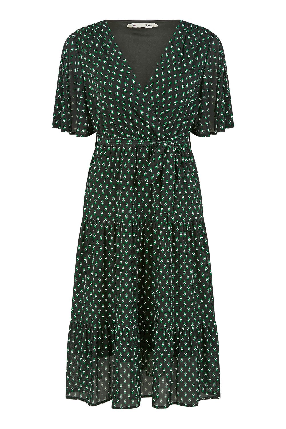 Yumi Black Dot Print Mesh Stretch Midi Skater Dress