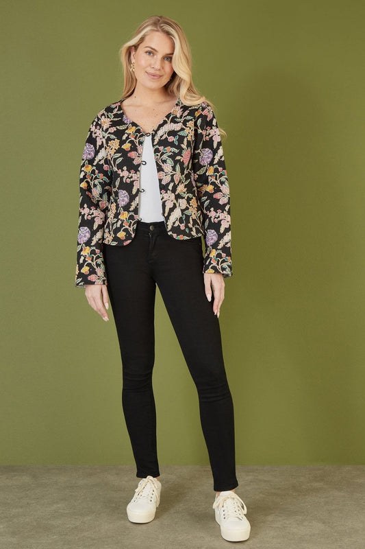 Yumi Black Floral Print Reversible Cotton Cropped Quilted Jacket