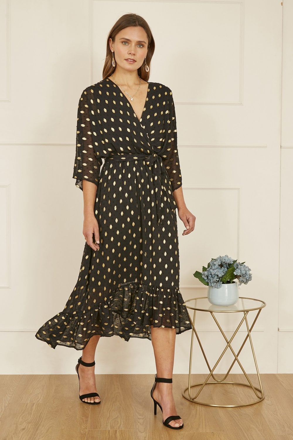 Yumi Black Foil Print Wrap Over Dip Hem Midi Dress