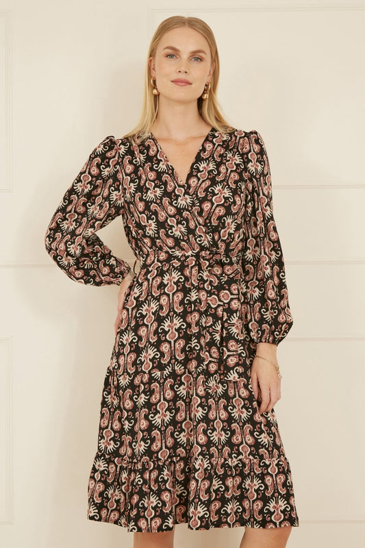 Yumi Black Ikat Long Sleeve Skater Dress