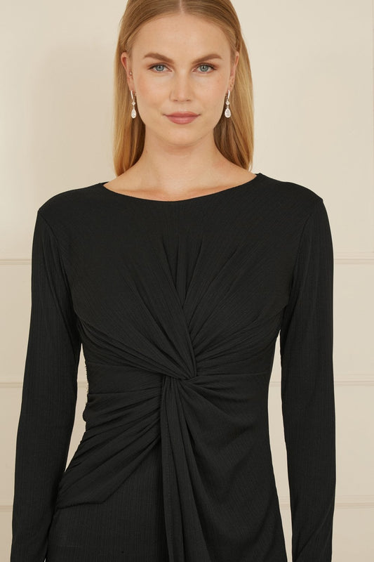 Yumi Black Midi Fitted Stretch Dress With Knot Detail