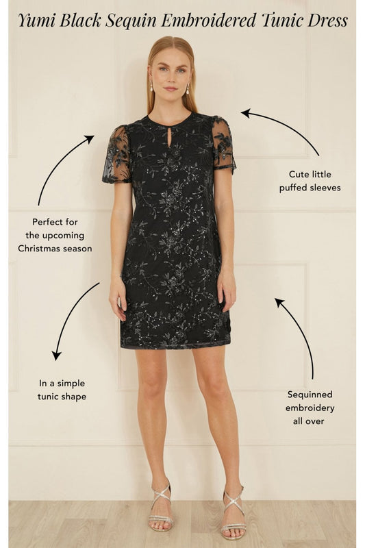 Yumi Black Sequin Embroidered Tunic Dress