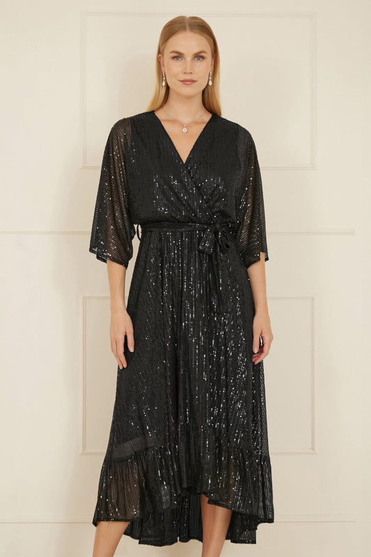 Yumi Black Sequin Kimono Midi Wrap Dress