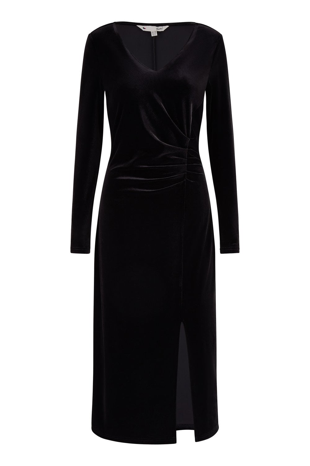 Yumi Black Velvet V Neck Fitted Ruched Midi Dress