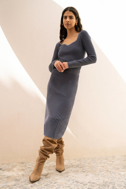 Yumi Blue Ribbed Knitted Midi Skirt