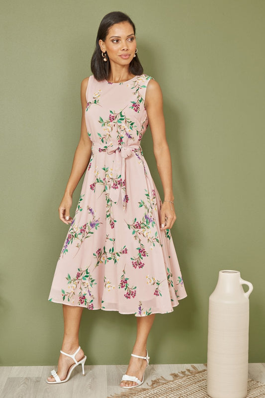 Yumi Blush Floral Print Midi Skater Dress
