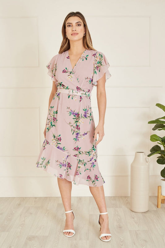 Yumi Blush Wrap Over Midi Dress With Frill Details And Matching Belt