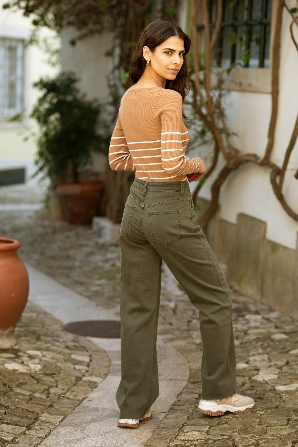 Yumi Brown Stripe Rib Knitted Long Sleeve Top With Button Details