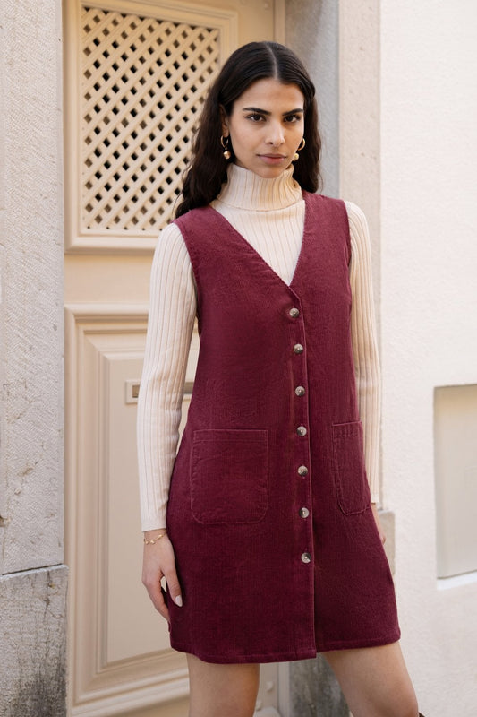 Yumi Burgundy Cord Button Through Pinafore Dress With Pockets