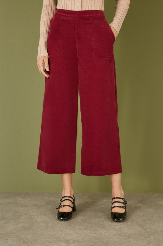 Yumi Burgundy Cord Cropped Wide Leg Trousers With Pockets