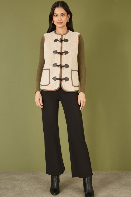 Yumi Cream Borg Gilet With Faux Leather Button Details
