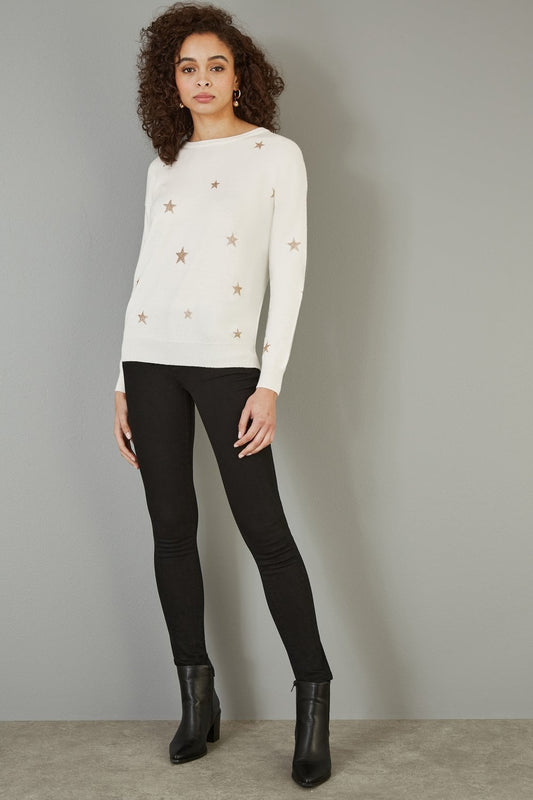 Yumi Cream Gold Foil Star Print Relaxed Fit Jumper