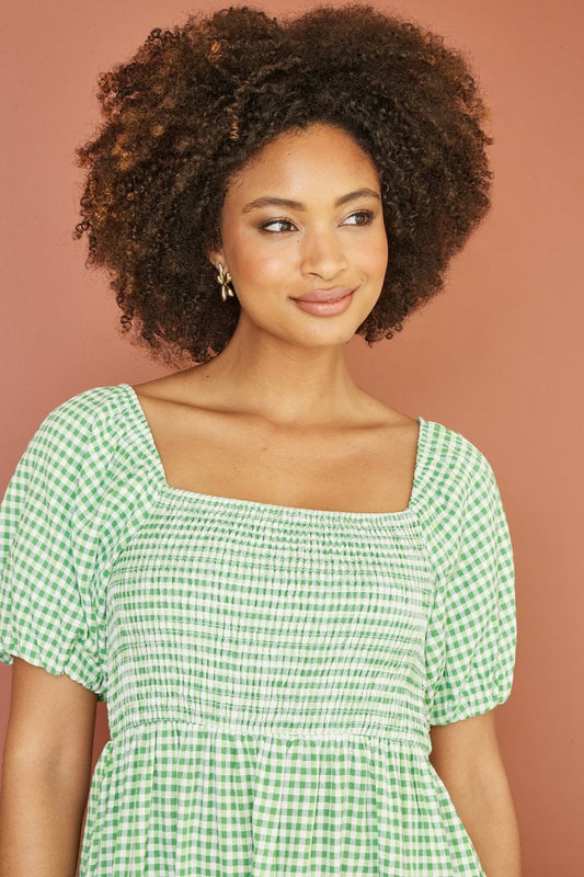 Yumi Green Cotton Gingham Smock Puff Sleeve Midi Dress