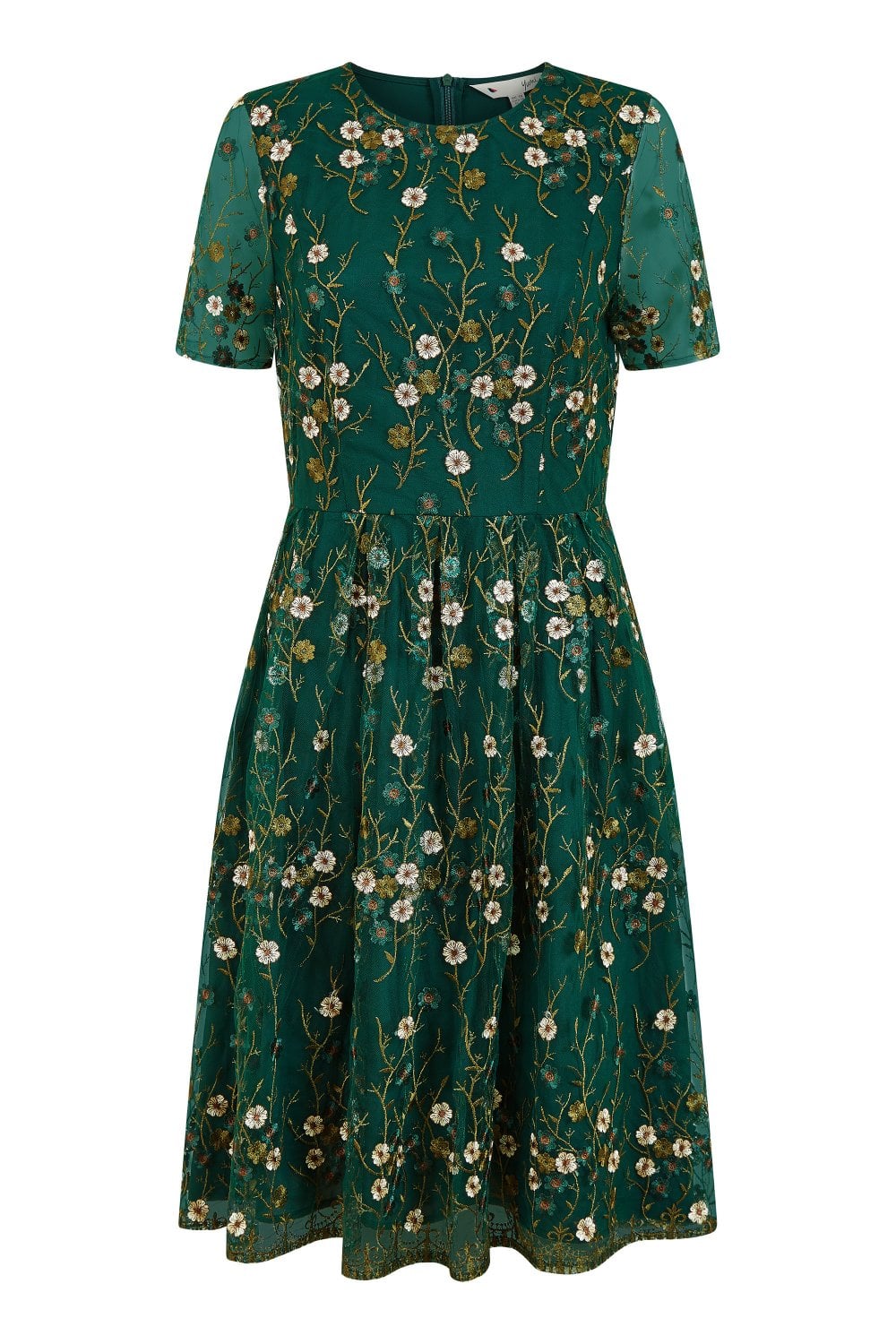 Yumi Green Embroidered Floral Skater Dress