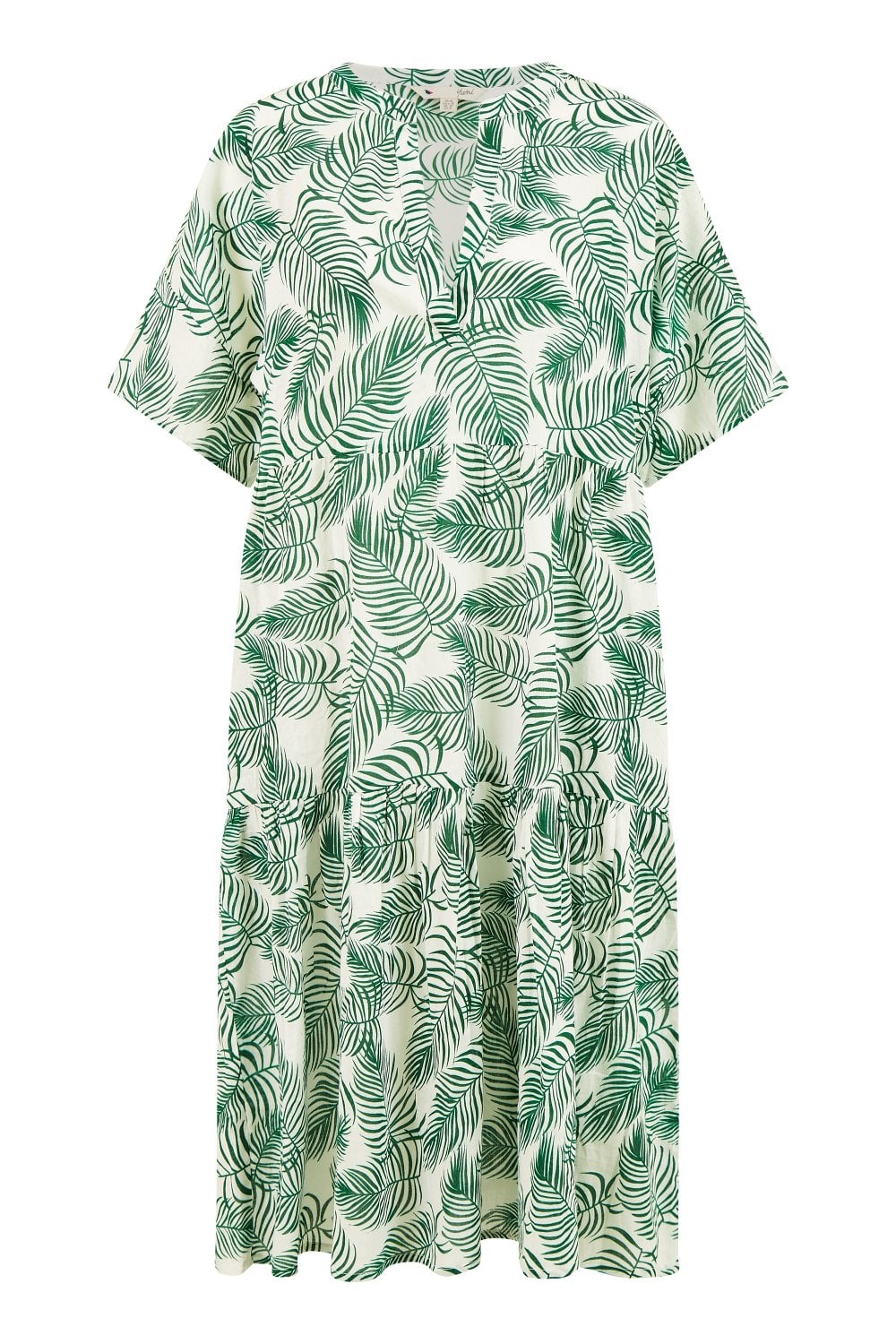 Yumi Green Organic Cotton Palm Print Tiered Tunic Dress