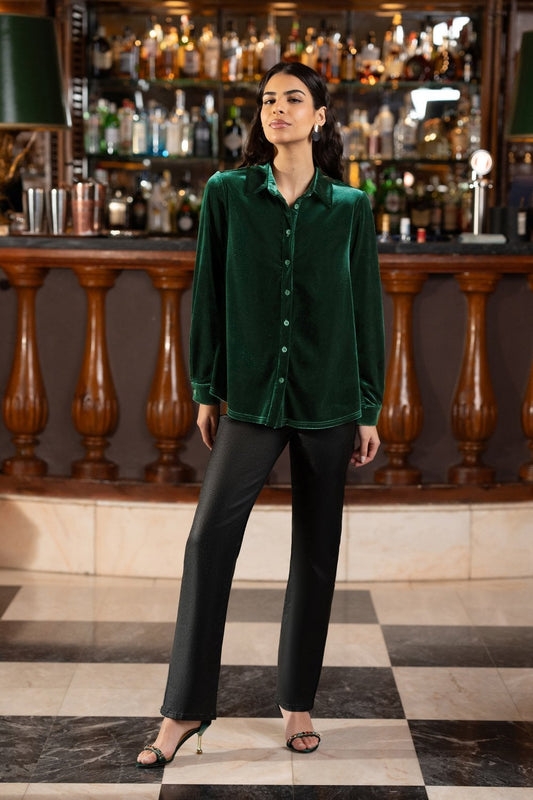 Yumi Green Velvet Relaxed Fit Shirt