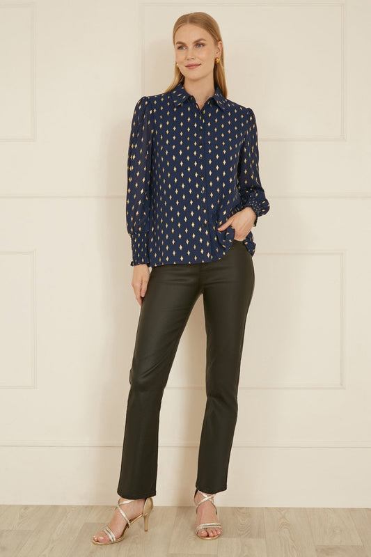 Yumi Navy Diamond Foil Print Top With Ruched Cuff