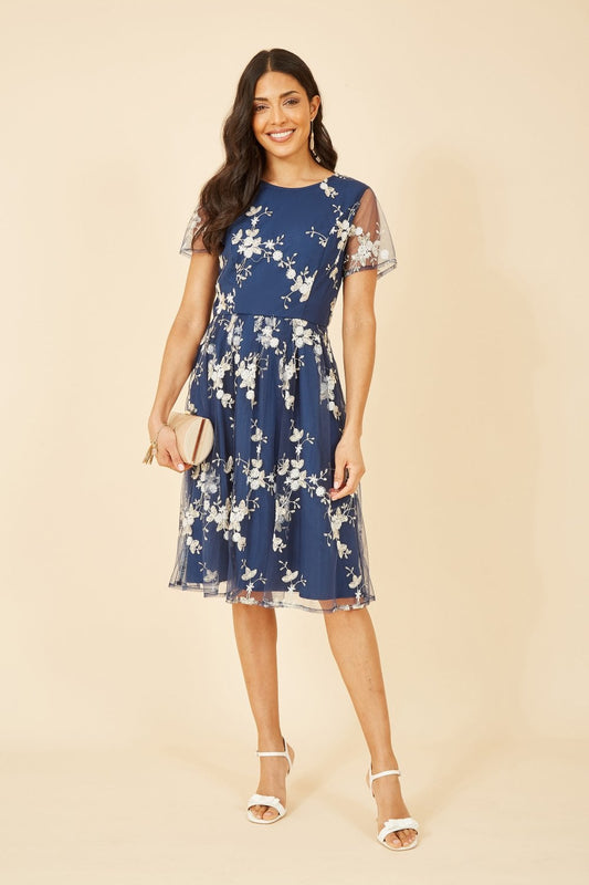Yumi Navy Embroidered Floral Skater Dress