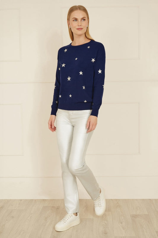 Yumi Navy Silver Foil Star Print Relaxed Fit Jumper