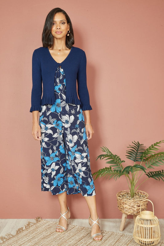 Yumi Navy Tie Up Ribbed Cardigan With Frill Hem