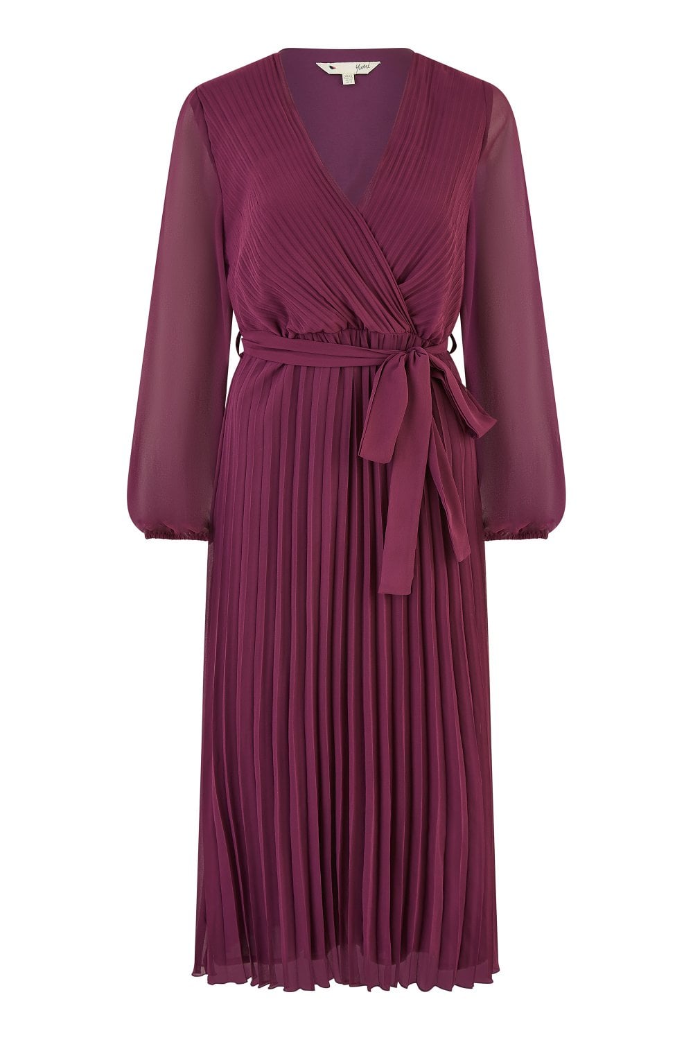 Yumi Plum Pleated Wrap Midi Dress With Sheer Long Sleeves